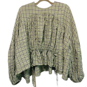 ASOS Edition Smock Top with Gathered Detail in green check plaid size 2